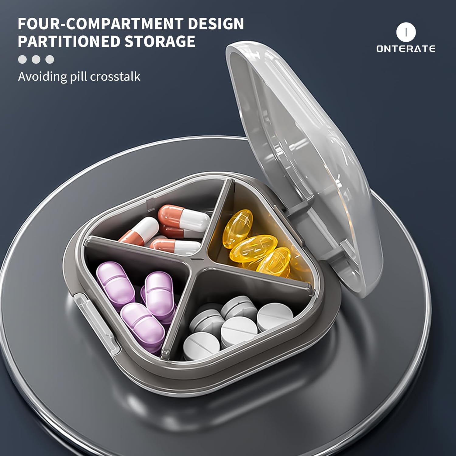 ONTERATE Small Pill Case, Travel Pill Box, Portable Pill Organizer, Pill Container for Pocket 4 Compartments, Daily Compact Travel Medicine Holder for Vitamins Medication (Grey)