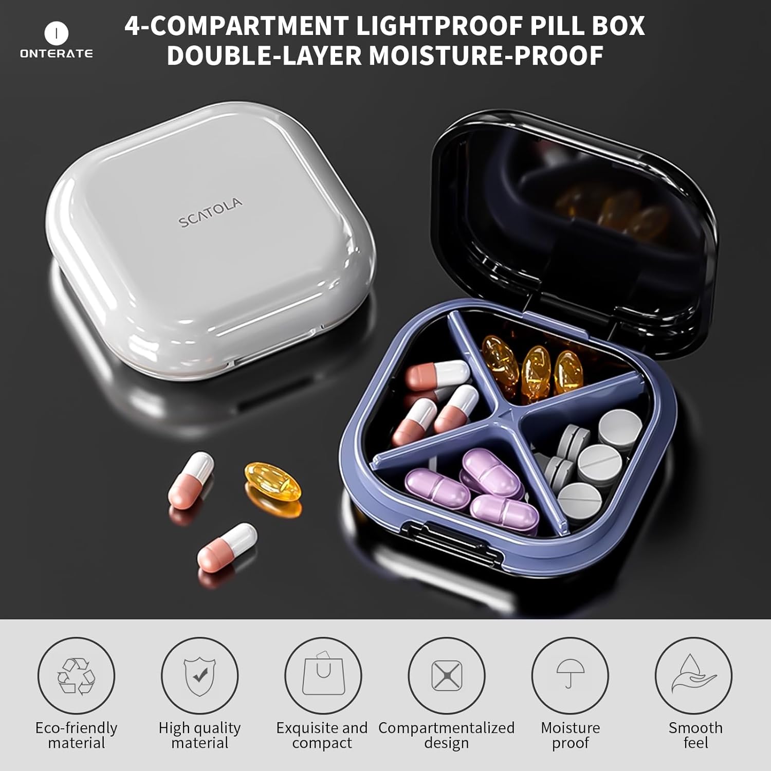 ONTERATE Small Pill Case, Travel Pill Box, Portable Pill Organizer, Pill Container for Pocket 4 Compartments, Daily Compact Travel Medicine Holder for Vitamins Medication (Grey)