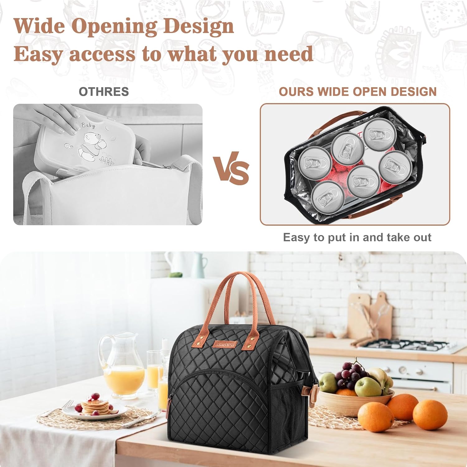 LOKASS Lunch Bag Insulated Lunch Box Wide-Open Lunch Tote Bag Large Drinks Holder Durable Nylon Thermal Snacks Organizer for Women Men Adults Work Picnic Hiking Beach Fishing,Black-Square