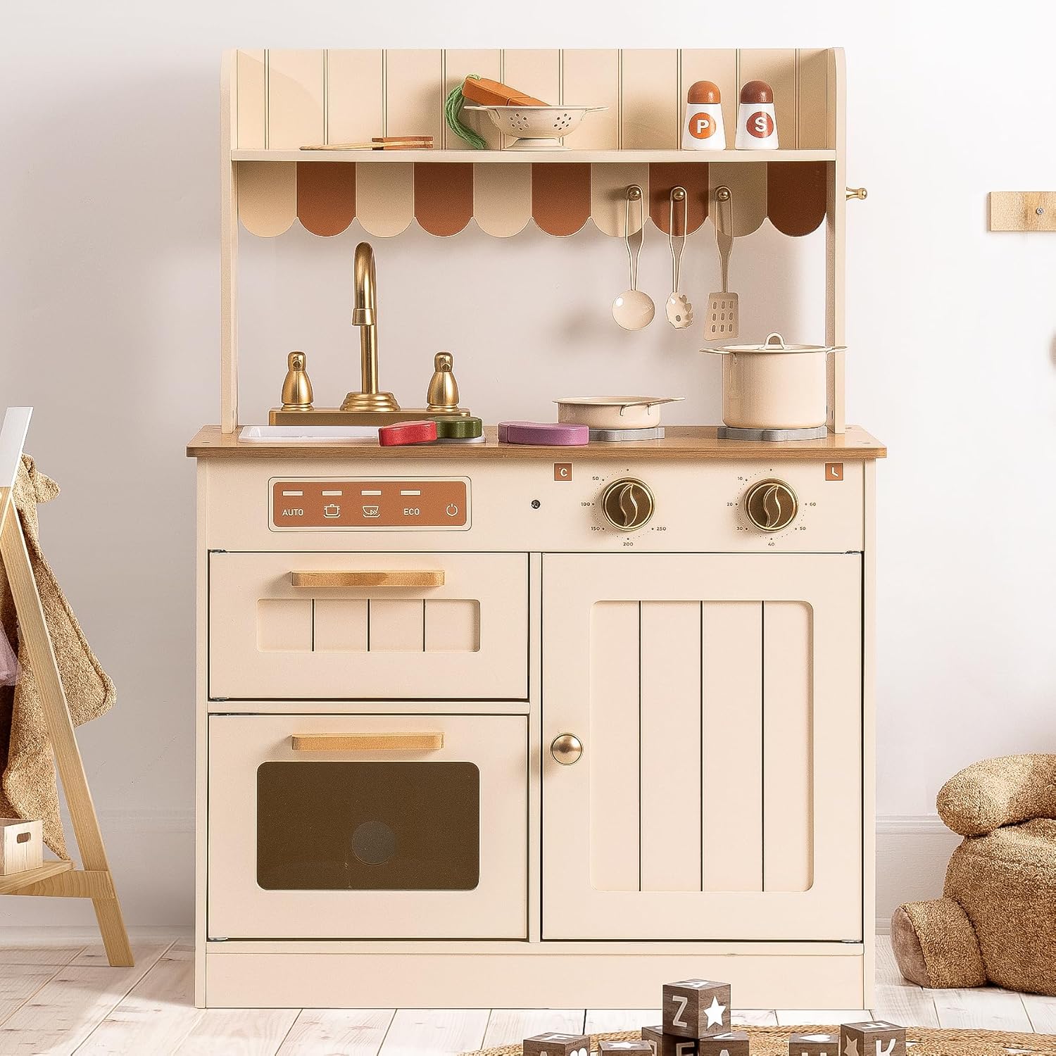ROBOTIME Play Kitchen for Kids Toddlers, Wooden Pretend Play Kitchen Set Toy with Cutting Food Set, Toys Kitchen Gift for 3+ Year Old Kids, Girls & Boys