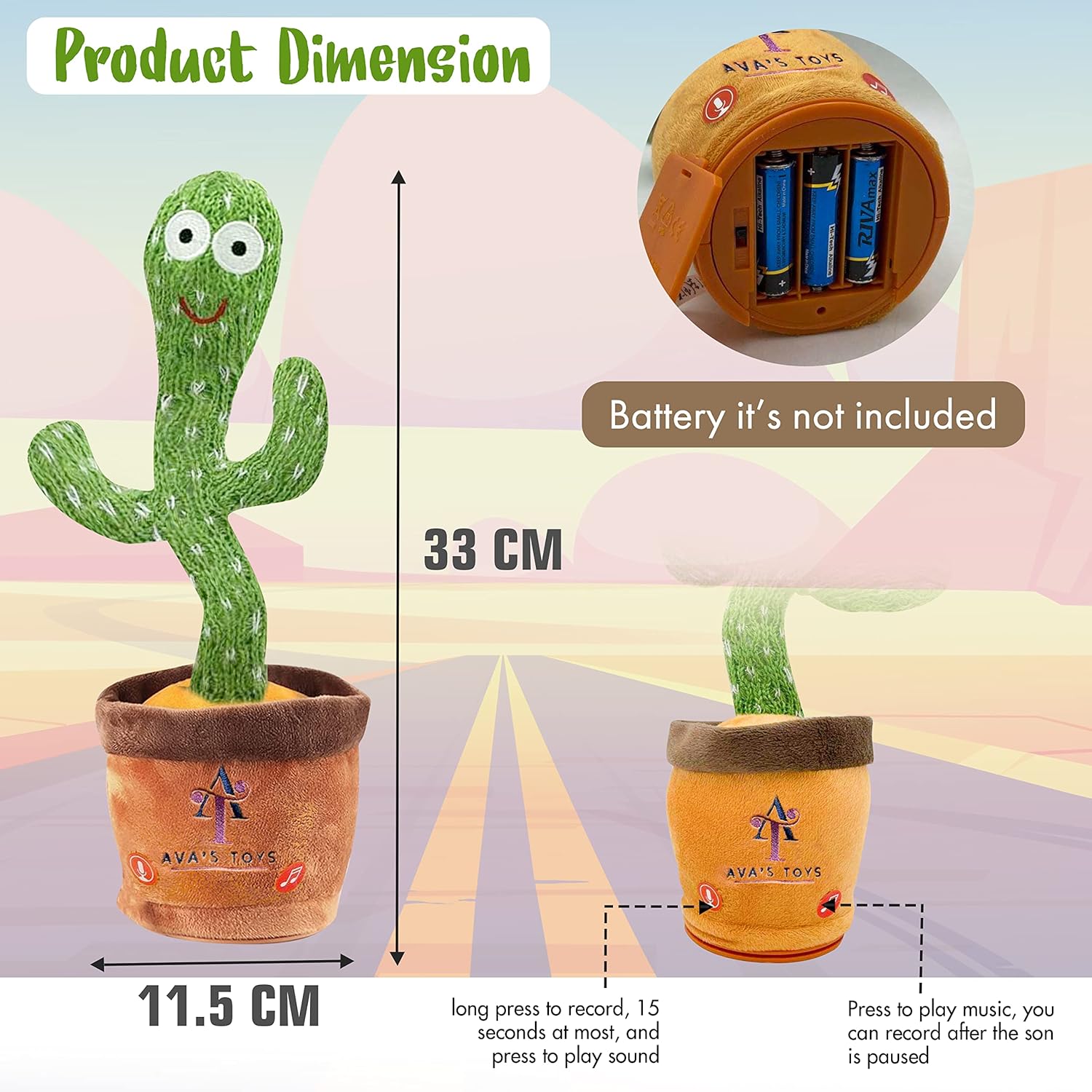 Ava's Toys Dancing Cactus Voice Recorder Baby Toys - Plush Toys Singing Cactus Toy- Repeat What You Say Talking Cactus