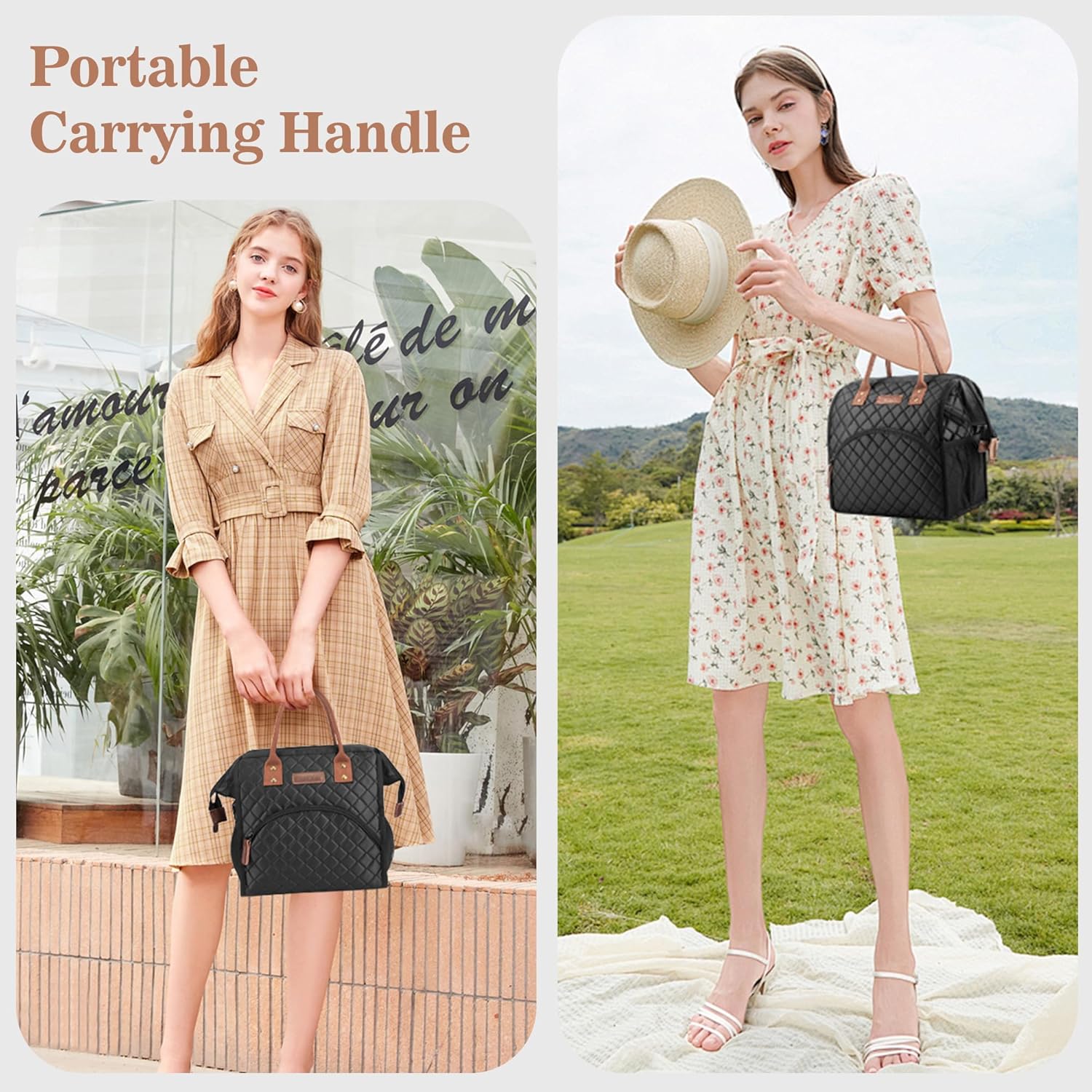 LOKASS Lunch Bag Insulated Lunch Box Wide-Open Lunch Tote Bag Large Drinks Holder Durable Nylon Thermal Snacks Organizer for Women Men Adults Work Picnic Hiking Beach Fishing,Black-Square