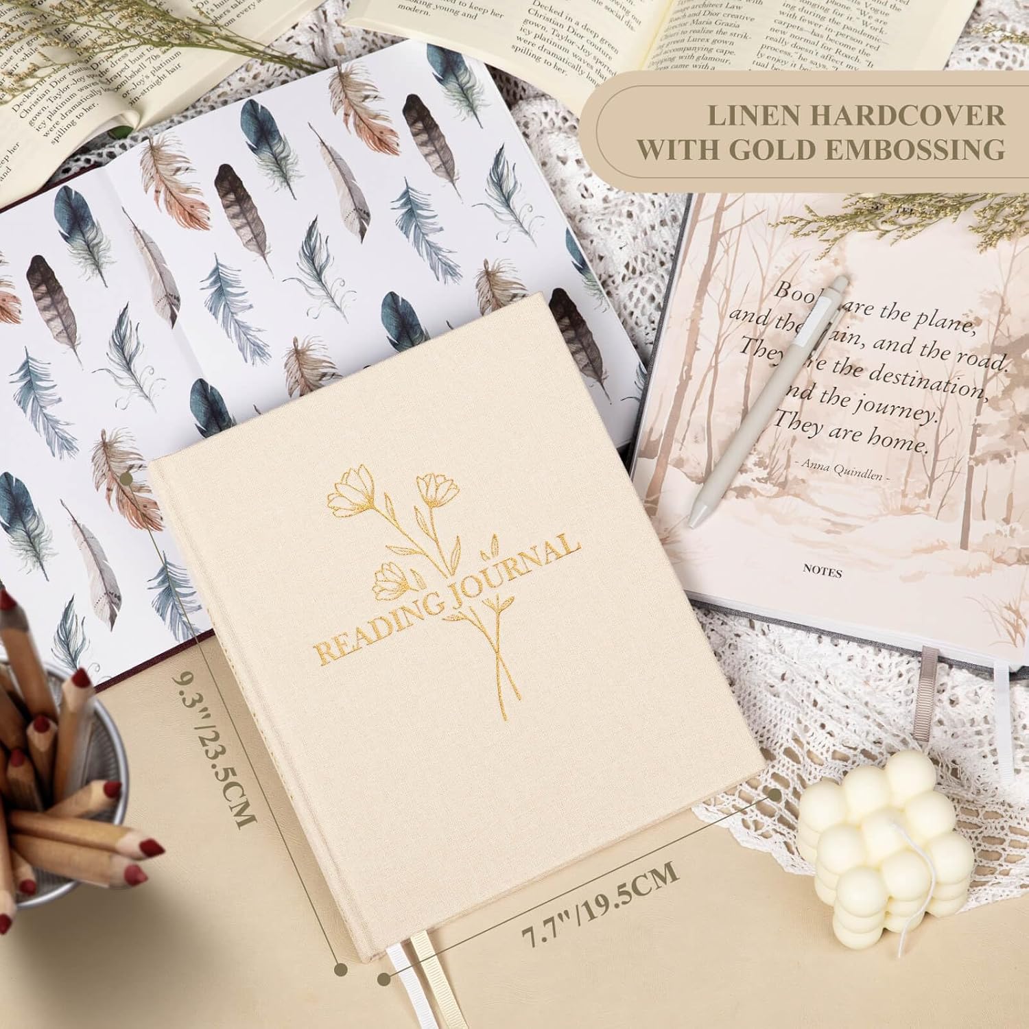 Lanpn Reading Diary & Book Journal, Linen Reading Journal Diary for Adults Book Lovers Book Club Themes Reading Notebook Bullet Journal Tracker for Collecting and Organising Your Books (Beige)