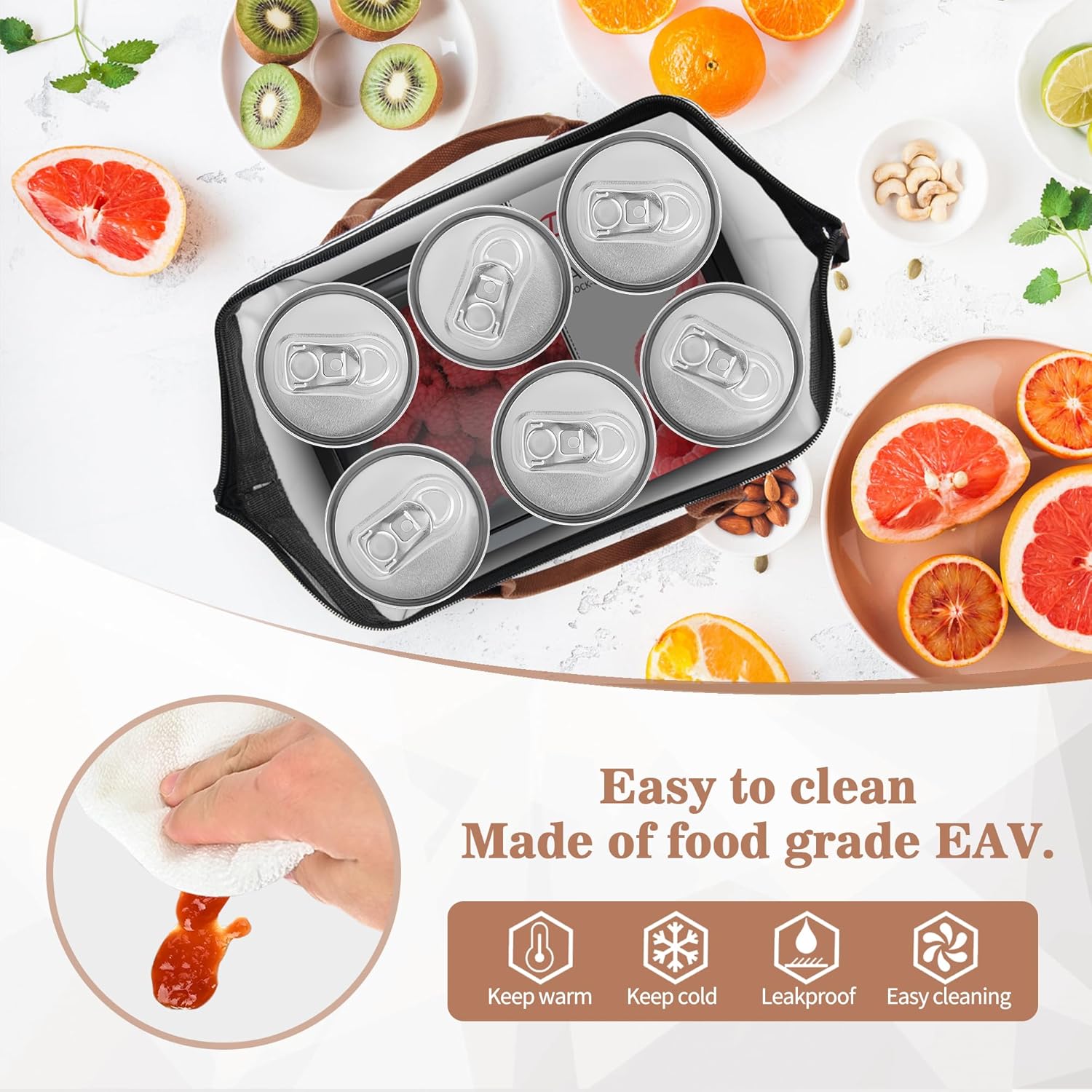 LOKASS Lunch Bag Insulated Lunch Box Wide-Open Lunch Tote Bag Large Drinks Holder Durable Nylon Thermal Snacks Organizer for Women Men Adults Work Picnic Hiking Beach Fishing,Black-Square