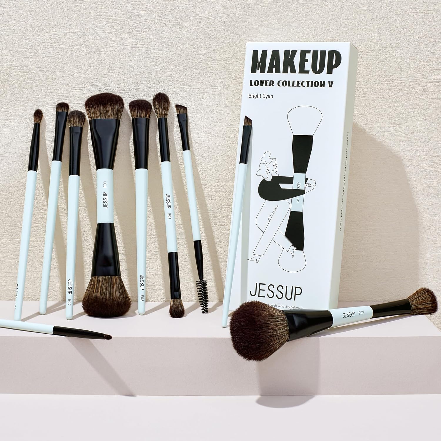 Jessup Makeup Brushes Set 10pcs, Double Sided Foundation Contour Blush Highlight Blending Eyebrow Brush Eyeshadow Eyeliner Concealer Brush, Bright Cyan Cruelty Free Cosmetic Tools T500