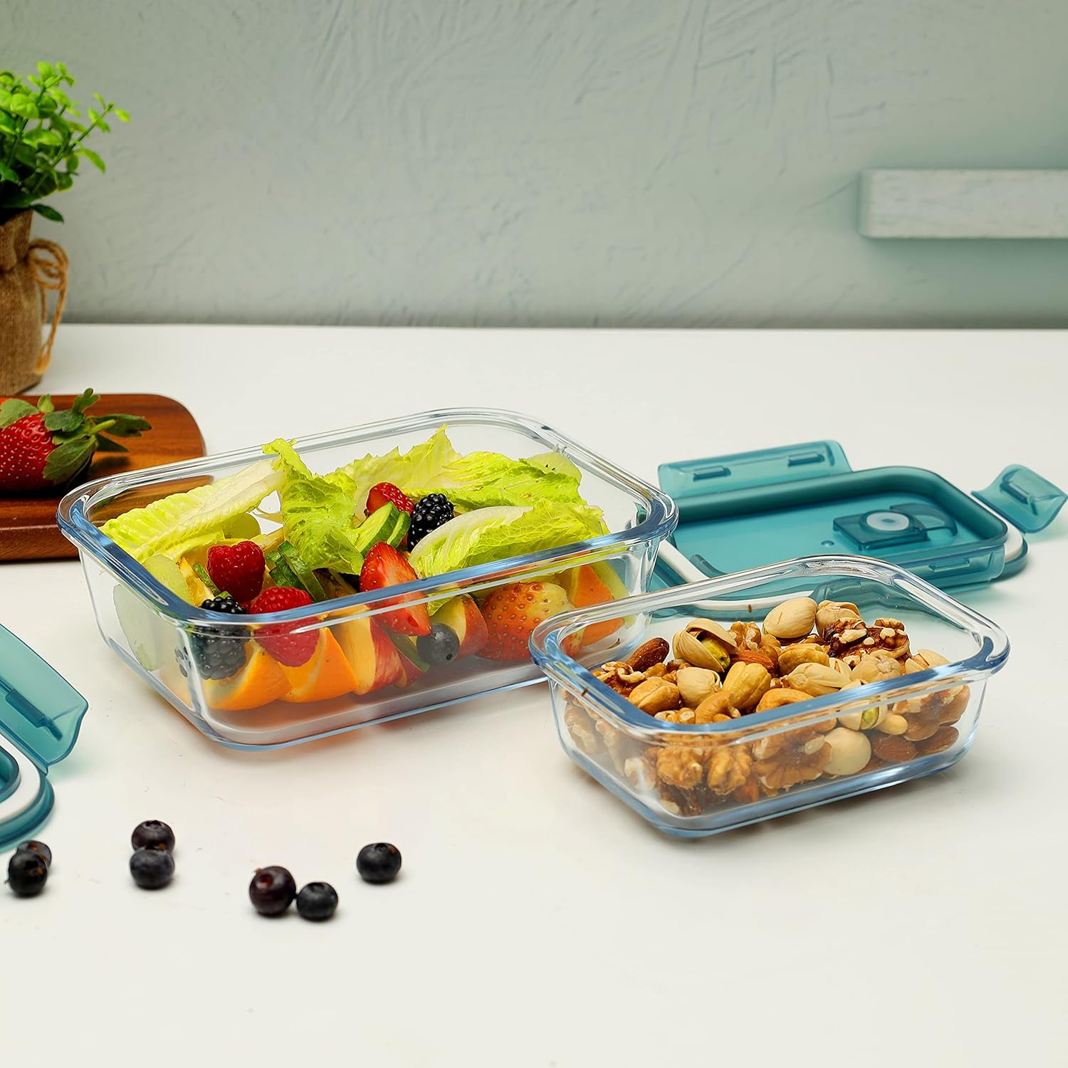 Royalford 2 Pcs Glass Airtight Food Storage Container RF9984 with Lid 1040ml & 370ml, Rectangle, Freezer & Dishwasher Safe