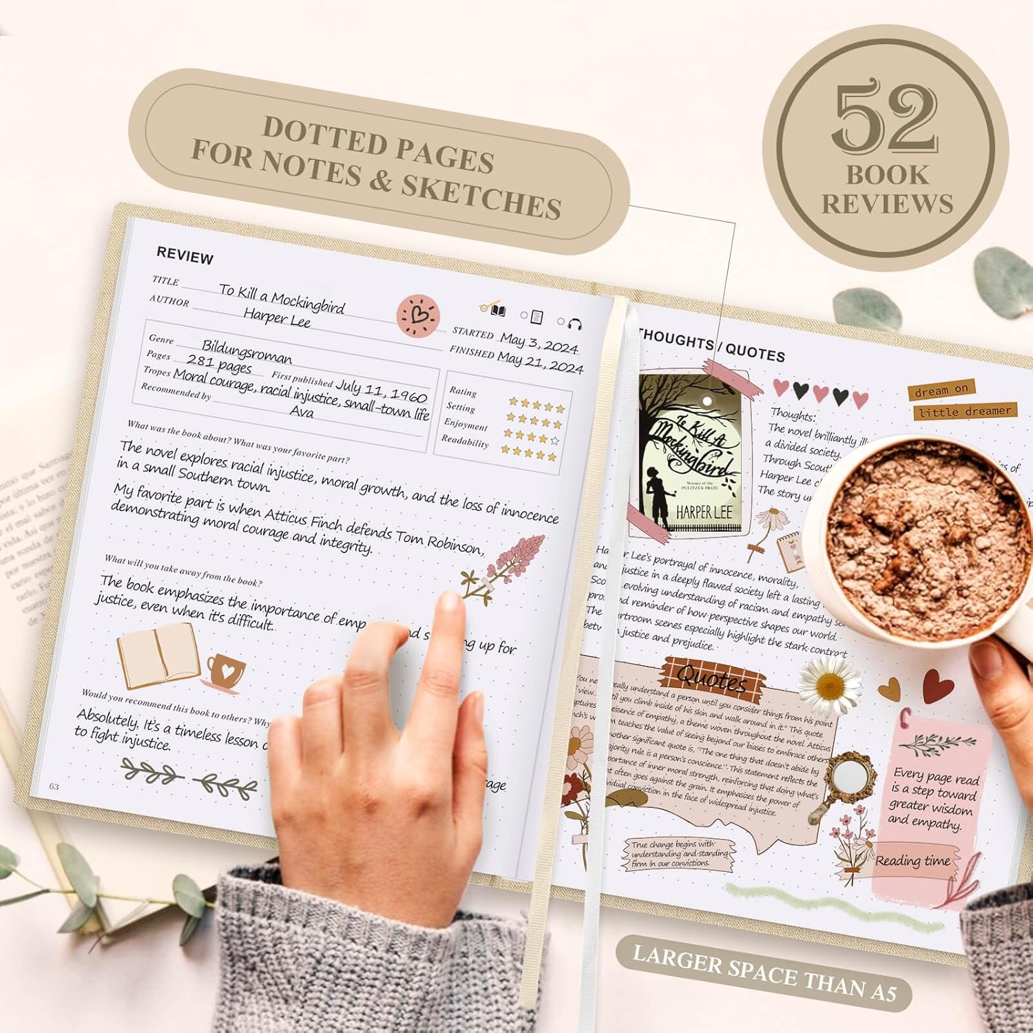 Lanpn Reading Diary & Book Journal, Linen Reading Journal Diary for Adults Book Lovers Book Club Themes Reading Notebook Bullet Journal Tracker for Collecting and Organising Your Books (Beige)