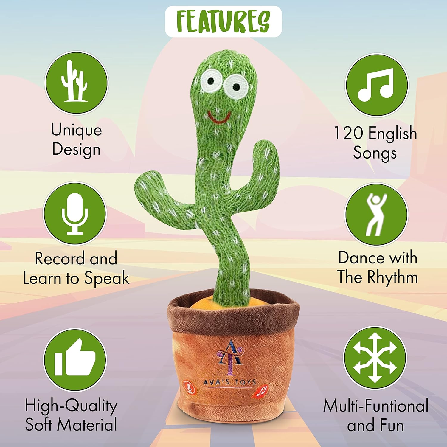 Ava's Toys Dancing Cactus Voice Recorder Baby Toys - Plush Toys Singing Cactus Toy- Repeat What You Say Talking Cactus