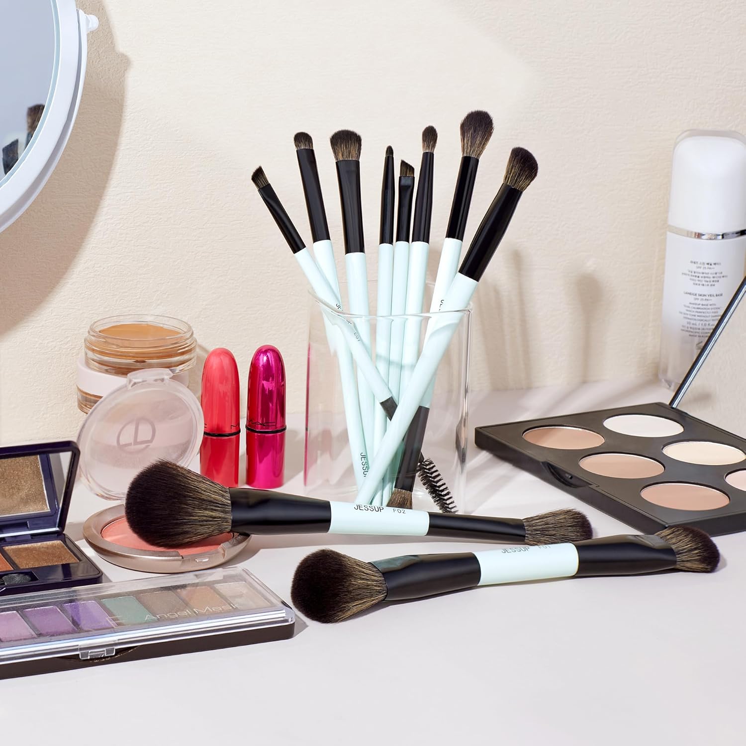 Jessup Makeup Brushes Set 10pcs, Double Sided Foundation Contour Blush Highlight Blending Eyebrow Brush Eyeshadow Eyeliner Concealer Brush, Bright Cyan Cruelty Free Cosmetic Tools T500