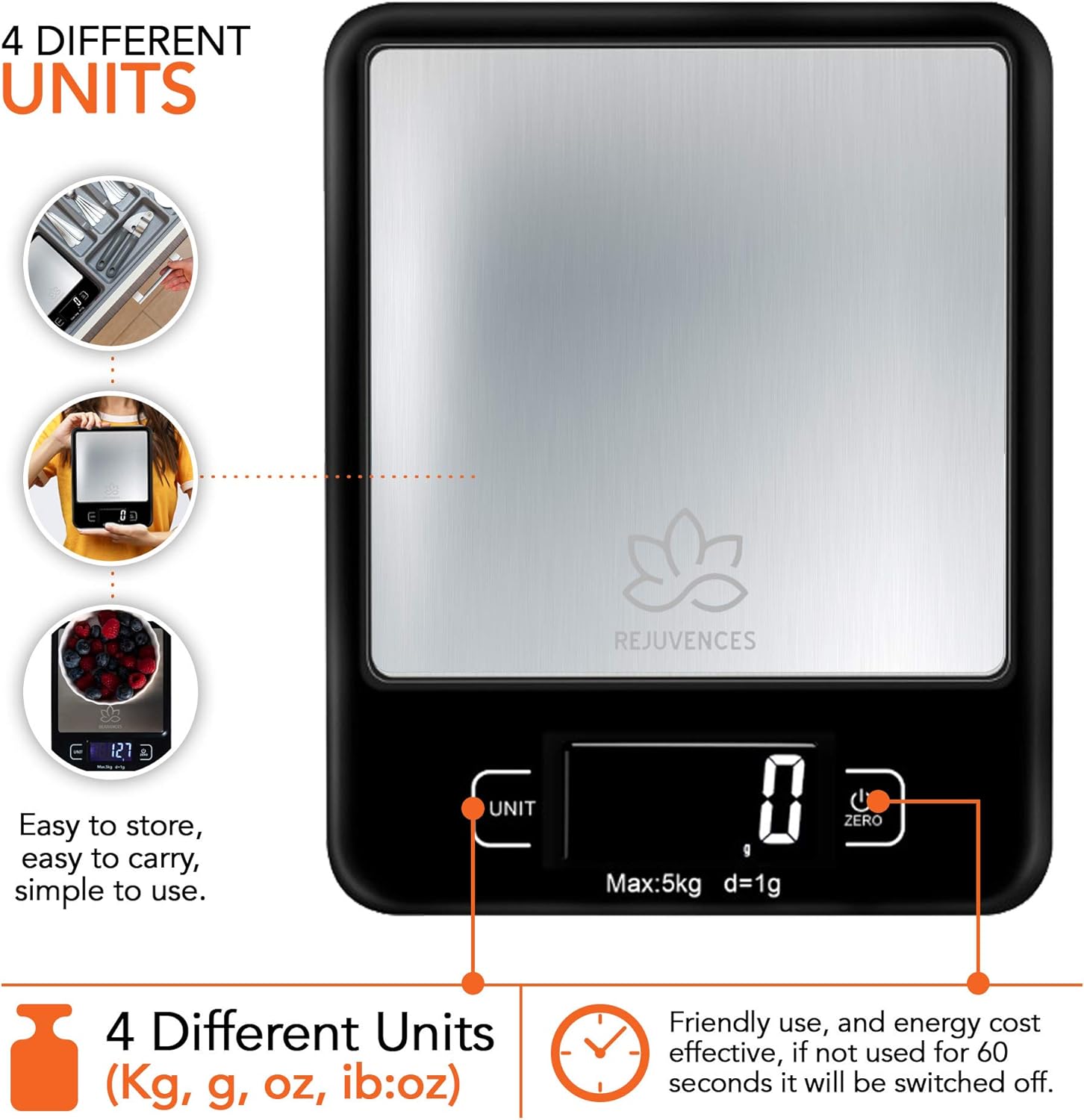 Rejuvences Kitchen Digital Food Scale - Measures 4 different units - Easy to Use - Measure Food weight - Cooking recipe- Healthy Diet – Battery included – Light weight - Easy to Carry and store