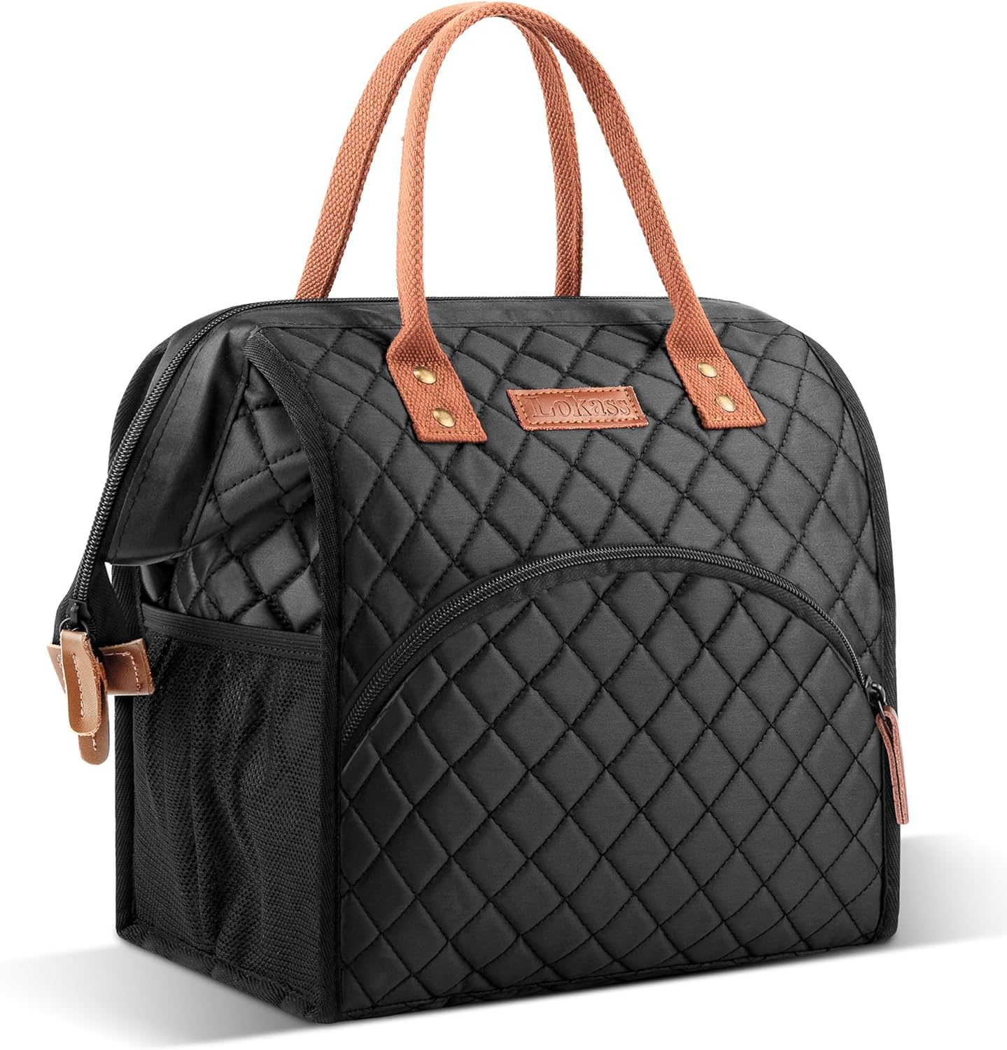 LOKASS Lunch Bag Insulated Lunch Box Wide-Open Lunch Tote Bag Large Drinks Holder Durable Nylon Thermal Snacks Organizer for Women Men Adults Work Picnic Hiking Beach Fishing,Black-Square