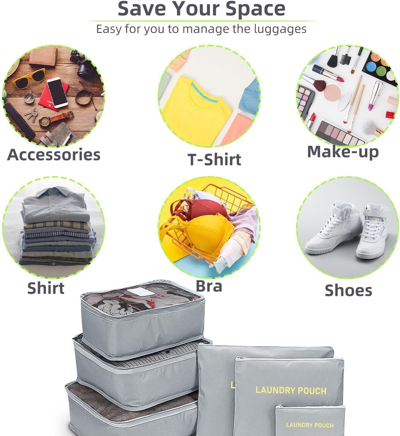 Generic Six-Piece Pouch Travel Luggage Organiser Set, Grey