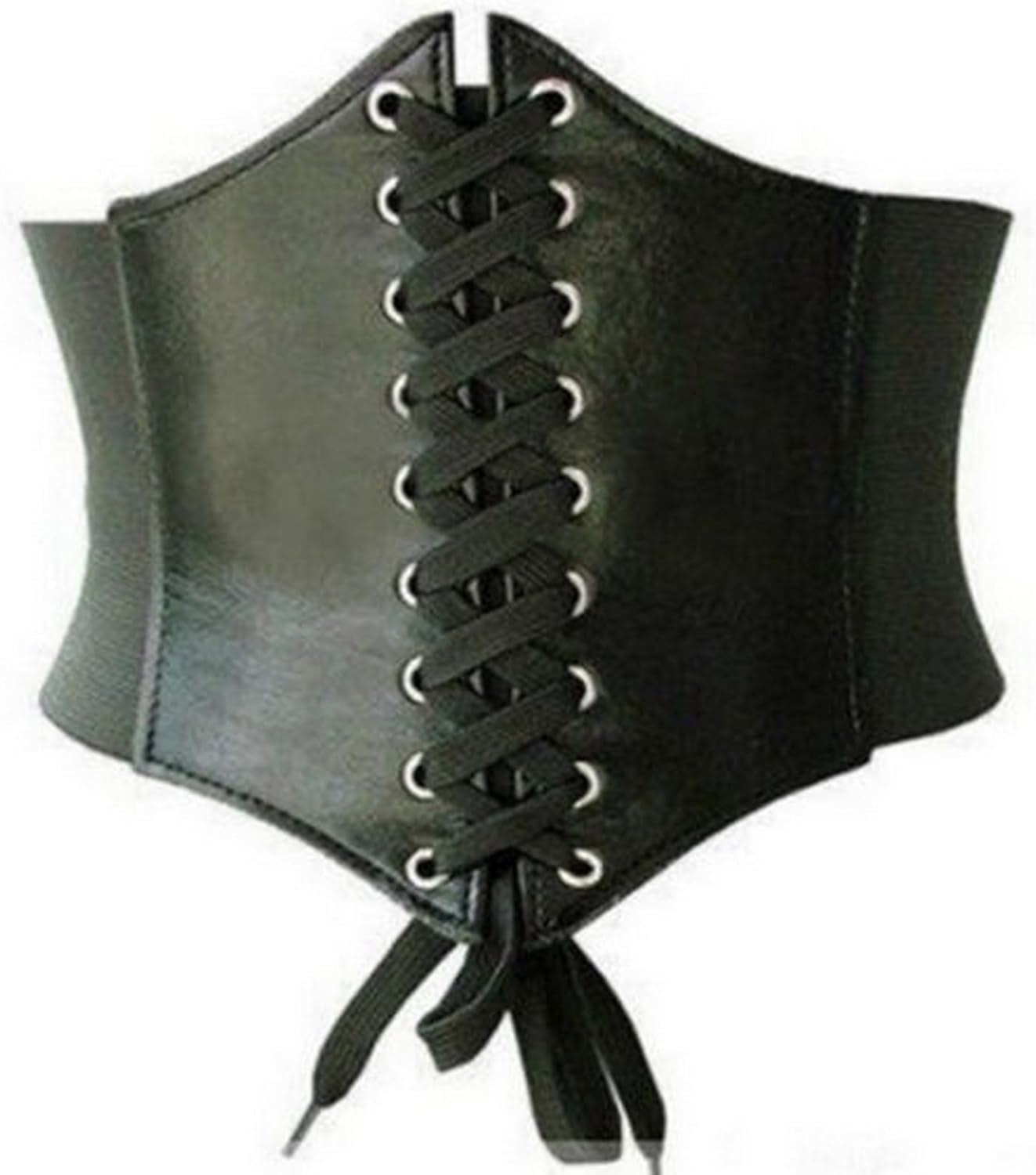 Waist Cincher Corset Band Elastic Tied Waspie Belt PU Leather Soft Adjustable Black, One Size