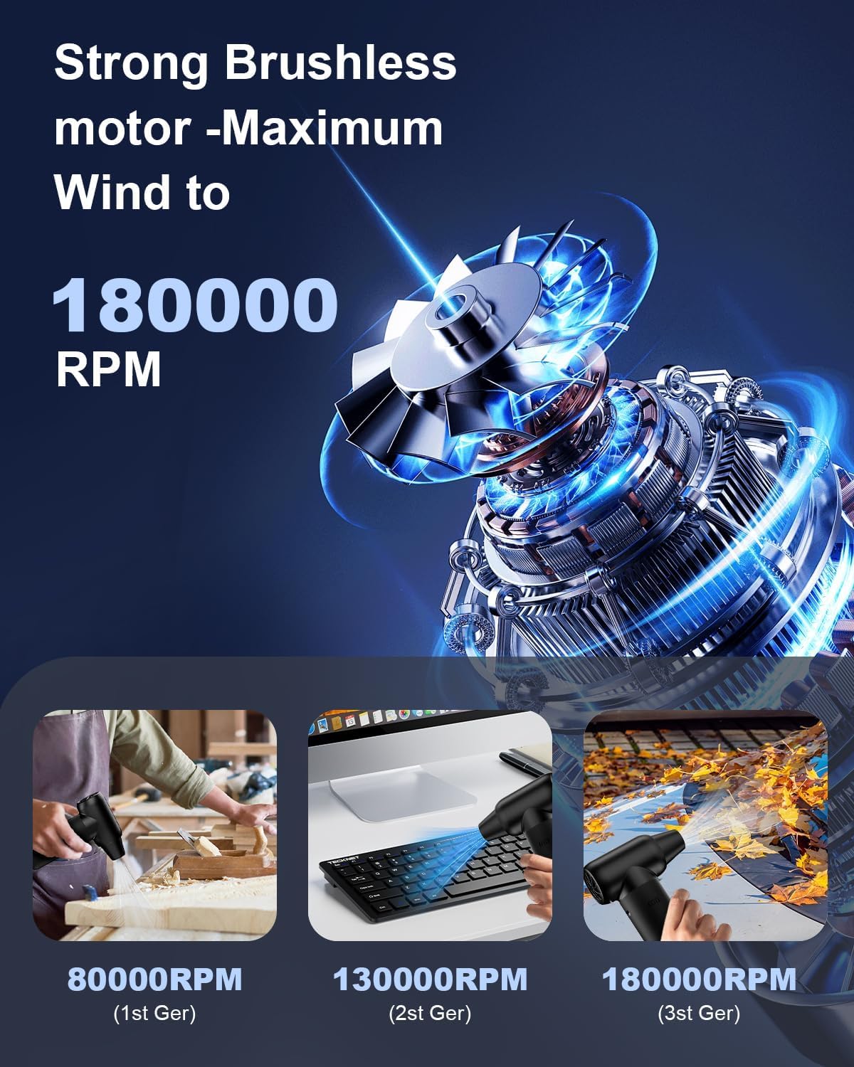 Aduarjo Compressed Air Duster -3 Speed 180000RPM Electric Air Duster Deep Cleaning Keyboard and Adjustable Rechargeable Cordless Dry Jet Blower for Home and Car