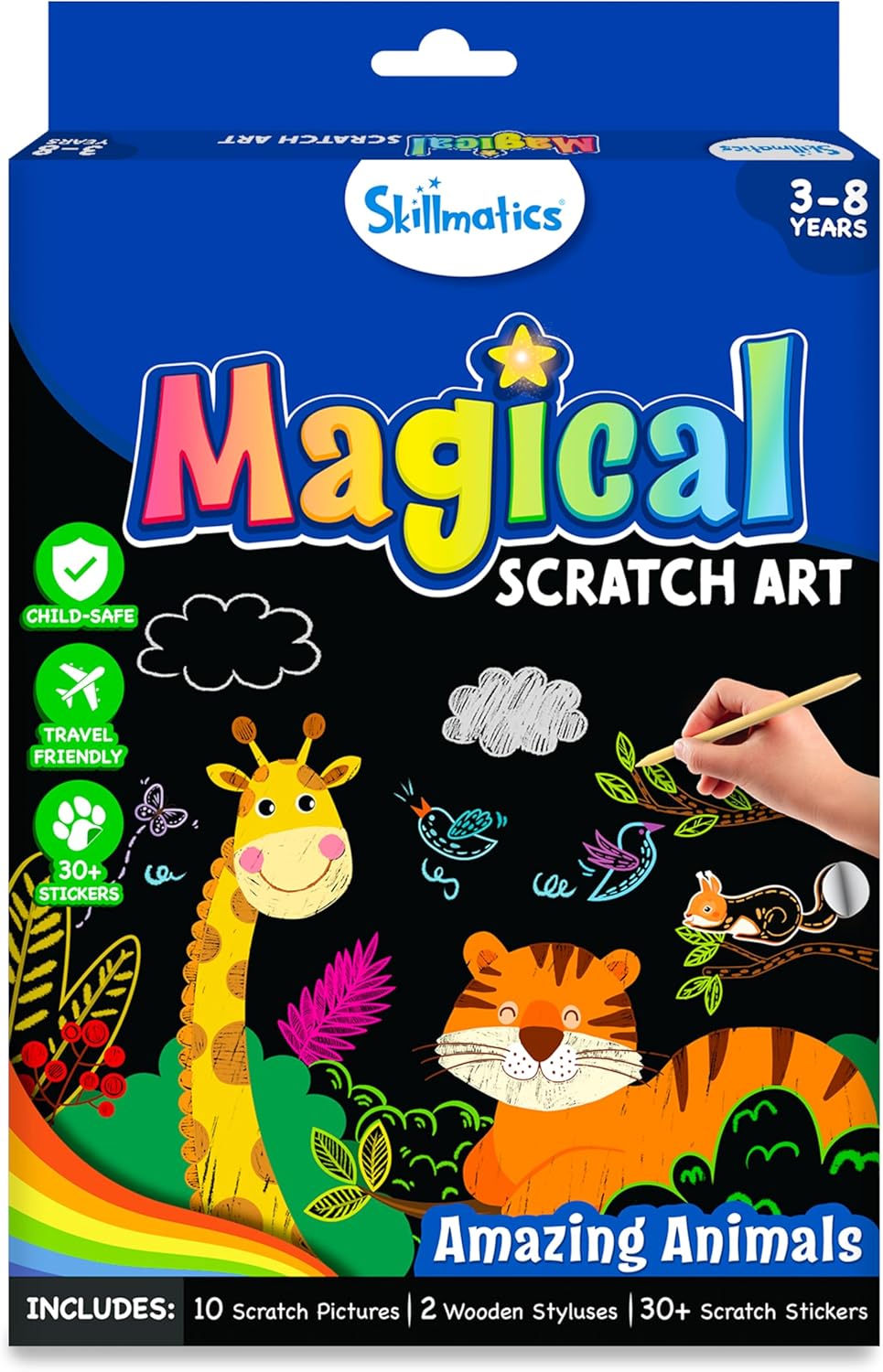 Skillmatics Scratch Art Book for Kids - Animals, Craft Kits & Supplies, 30+ Scratch Stickers, Travel Toys, DIY Kit, Gifts for Boys & Girls Ages 3, 4, 5, 6, 7, 8