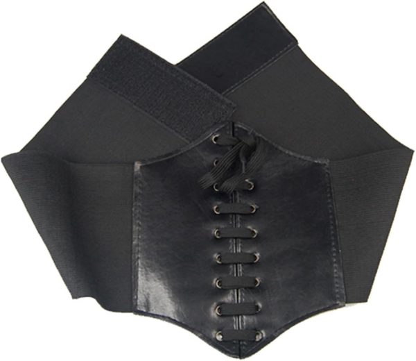 Waist Cincher Corset Band Elastic Tied Waspie Belt PU Leather Soft Adjustable Black, One Size