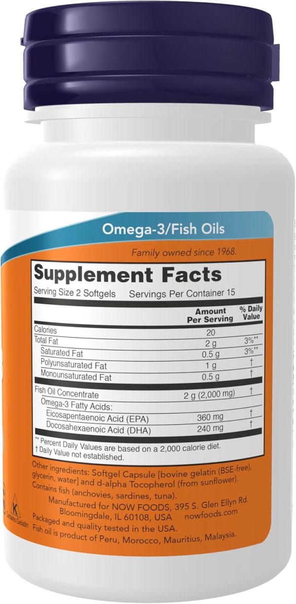 Now Foods Omega-3 Fish Oil 30 Softgels |Molecularly Distilled Softgels | Cardiovascular Support | 1,000 mg Fish Oil per softgel | 180 EPA / 120 DHA per softgel.