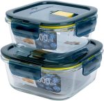 Mondex 2PCS Borosilicate Glass Food Saver Set Food Storage Container Lunchbox set with Vent - 500ml & 800ml Capacity, Openable and Secure Air Vents, Silicone Seals, Plastic Lids