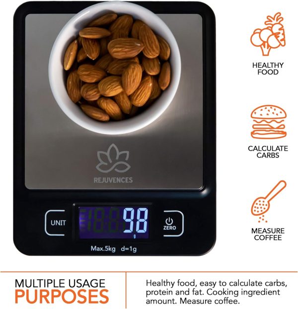 Rejuvences Kitchen Digital Food Scale - Measures 4 different units - Easy to Use - Measure Food weight - Cooking recipe- Healthy Diet – Battery included – Light weight - Easy to Carry and store