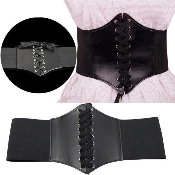 Waist Cincher Corset Band Elastic Tied Waspie Belt PU Leather Soft Adjustable Black, One Size
