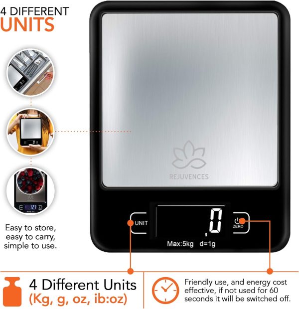 Rejuvences Kitchen Digital Food Scale - Measures 4 different units - Easy to Use - Measure Food weight - Cooking recipe- Healthy Diet – Battery included – Light weight - Easy to Carry and store