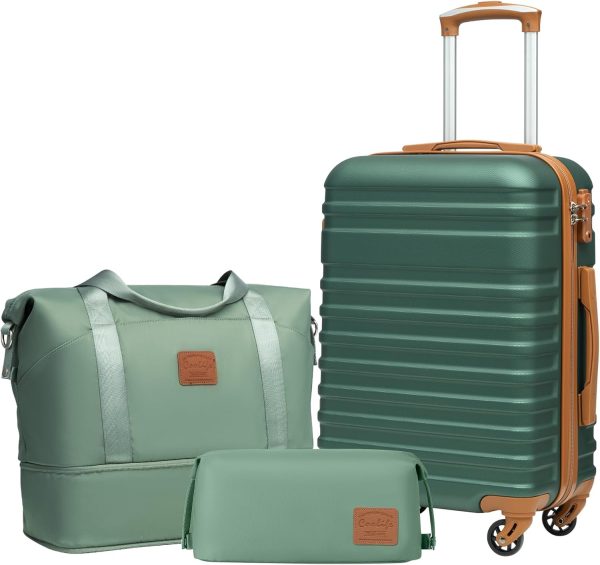 COOLIFE Suitcase Trolley Carry On Hand Cabin Luggage Hard Shell Travel Bag Lightweight,The Suitcase Included 1pcs Travel Bag and 1pcs Toiletry Bag (Dark green/Brown, 20 Inch Luggage Set)