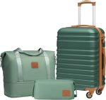 COOLIFE Suitcase Trolley Carry On Hand Cabin Luggage Hard Shell Travel Bag Lightweight,The Suitcase Included 1pcs Travel Bag and 1pcs Toiletry Bag (Dark green/Brown, 20 Inch Luggage Set)