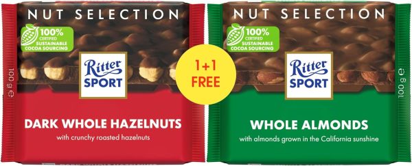 Ritter Sport Dark Whole Hazelnuts & Whole Almonds Chocolate Bar 100G 1+1 Free