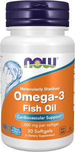 Now Foods Omega-3 Fish Oil 30 Softgels |Molecularly Distilled Softgels | Cardiovascular Support | 1,000 mg Fish Oil per softgel | 180 EPA / 120 DHA per softgel.
