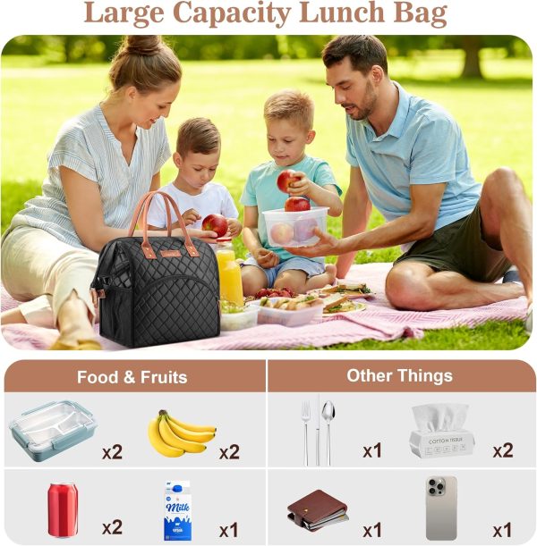 LOKASS Lunch Bag Insulated Lunch Box Wide-Open Lunch Tote Bag Large Drinks Holder Durable Nylon Thermal Snacks Organizer for Women Men Adults Work Picnic Hiking Beach Fishing,Black-Square