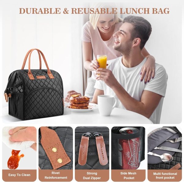 LOKASS Lunch Bag Insulated Lunch Box Wide-Open Lunch Tote Bag Large Drinks Holder Durable Nylon Thermal Snacks Organizer for Women Men Adults Work Picnic Hiking Beach Fishing,Black-Square