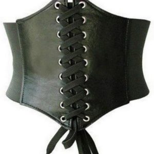 Waist Cincher Corset Band Elastic Tied Waspie Belt PU Leather Soft Adjustable Black, One Size