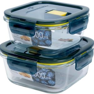 Mondex 2PCS Borosilicate Glass Food Saver Set Food Storage Container Lunchbox set with Vent - 500ml & 800ml Capacity, Openable and Secure Air Vents, Silicone Seals, Plastic Lids