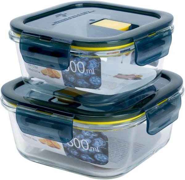 Mondex 2PCS Borosilicate Glass Food Saver Set Food Storage Container Lunchbox set with Vent - 500ml & 800ml Capacity, Openable and Secure Air Vents, Silicone Seals, Plastic Lids