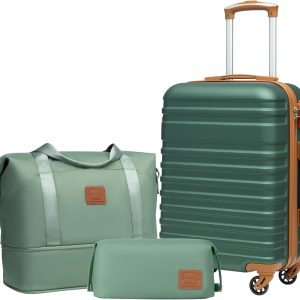 COOLIFE Suitcase Trolley Carry On Hand Cabin Luggage Hard Shell Travel Bag Lightweight,The Suitcase Included 1pcs Travel Bag and 1pcs Toiletry Bag (Dark green/Brown, 20 Inch Luggage Set)
