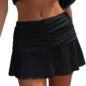 SAFRISIOR Women Ruched Ruffle Short Skirt High Waisted Stretch Pleated Tennis E-Girls 90s A-Line Mini Skirt