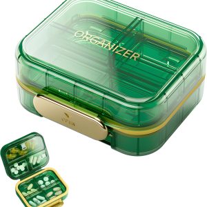 NALACAL 7 Compartments Portable Travel Pill Organizer, Moisture Proof Case for Purse, Small Container, Pocket Pharmacy, Medicine Vitamin Box, Fish Oil and Supplement Storage (Green)