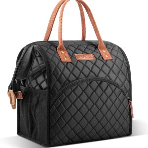 LOKASS Lunch Bag Insulated Lunch Box Wide-Open Lunch Tote Bag Large Drinks Holder Durable Nylon Thermal Snacks Organizer for Women Men Adults Work Picnic Hiking Beach Fishing,Black-Square
