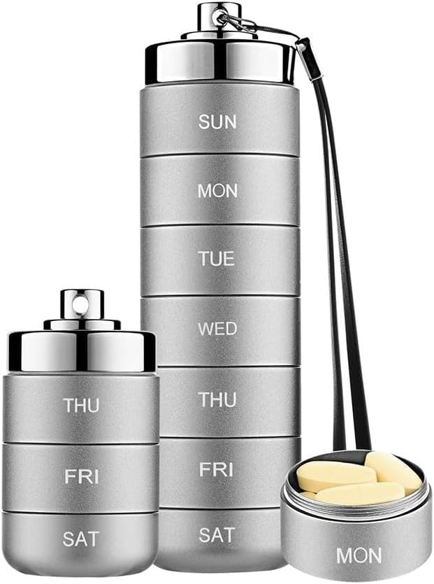 KOWVOWZ Metal Travel Pill Organizer, Weekly Waterproof Metal Pill Case, Portable 7 Day Vitamin Organizer Stackable for Hiking Camping Vitamin Fish Oil Supplement