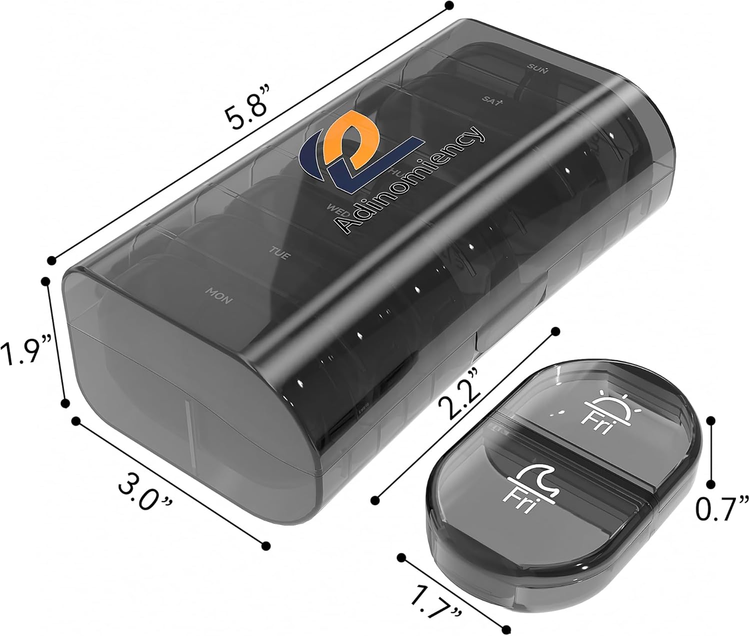 Adinomiency Pill Organizer，Pill Box，2 Times a Day，Travel Pill case，for Medication/Vitamin/Fish Oil/Supplements (Black)