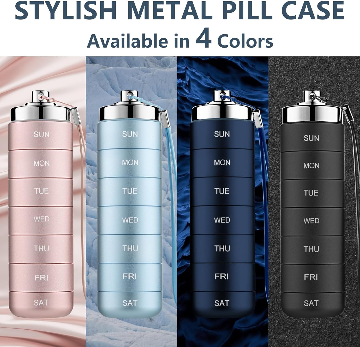 KOWVOWZ Metal Travel Pill Organizer, Weekly Waterproof Metal Pill Case, Portable 7 Day Vitamin Organizer Stackable for Hiking Camping Vitamin Fish Oil Supplement