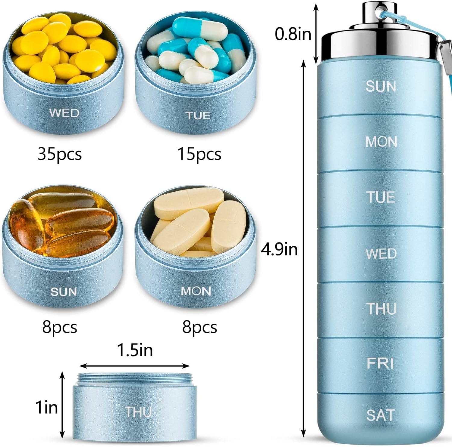 KOWVOWZ Metal Travel Pill Organizer, Weekly Waterproof Metal Pill Case, Portable 7 Day Vitamin Organizer Stackable for Hiking Camping Vitamin Fish Oil Supplement