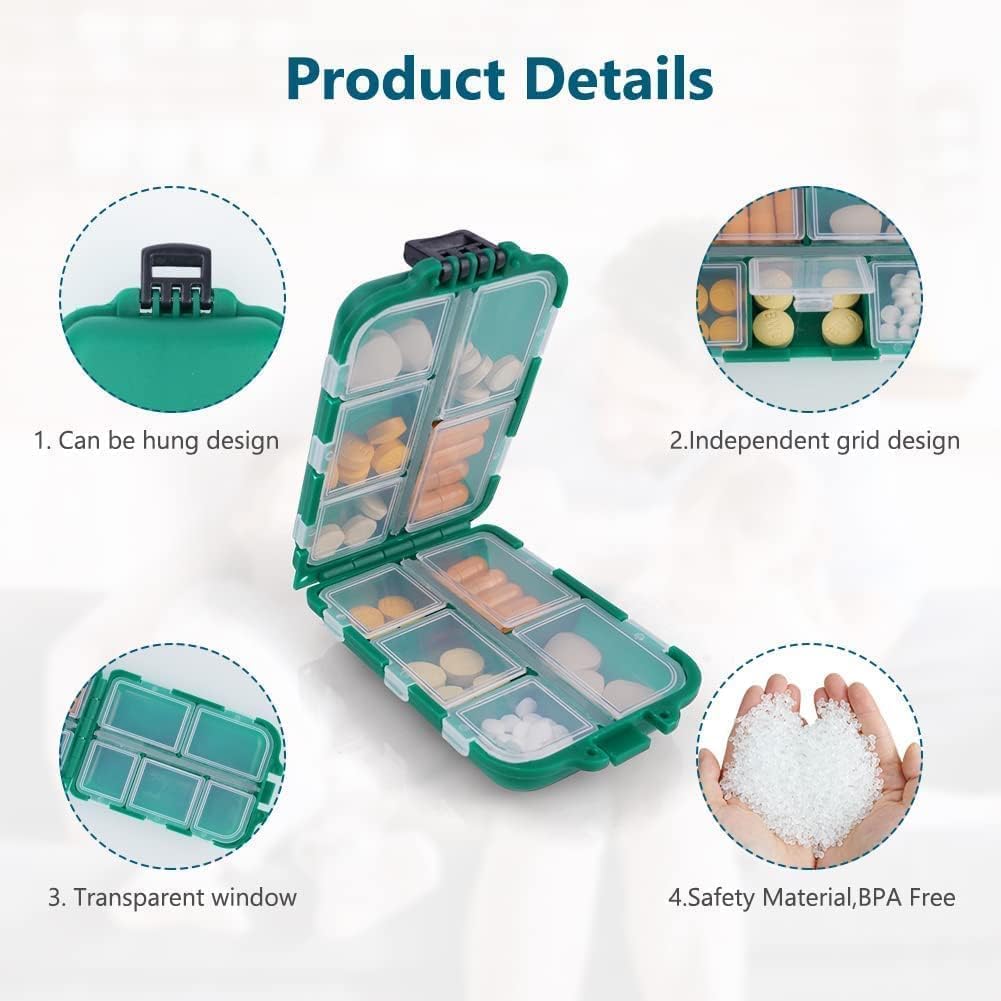 LA LUSH Portable Pills Box Organizer Medicine Storage Box Double Layer 10 Grids Tablet Organiser to Hold Vitamins Cod Liver Oil Supplements and Medication for Travel Work.