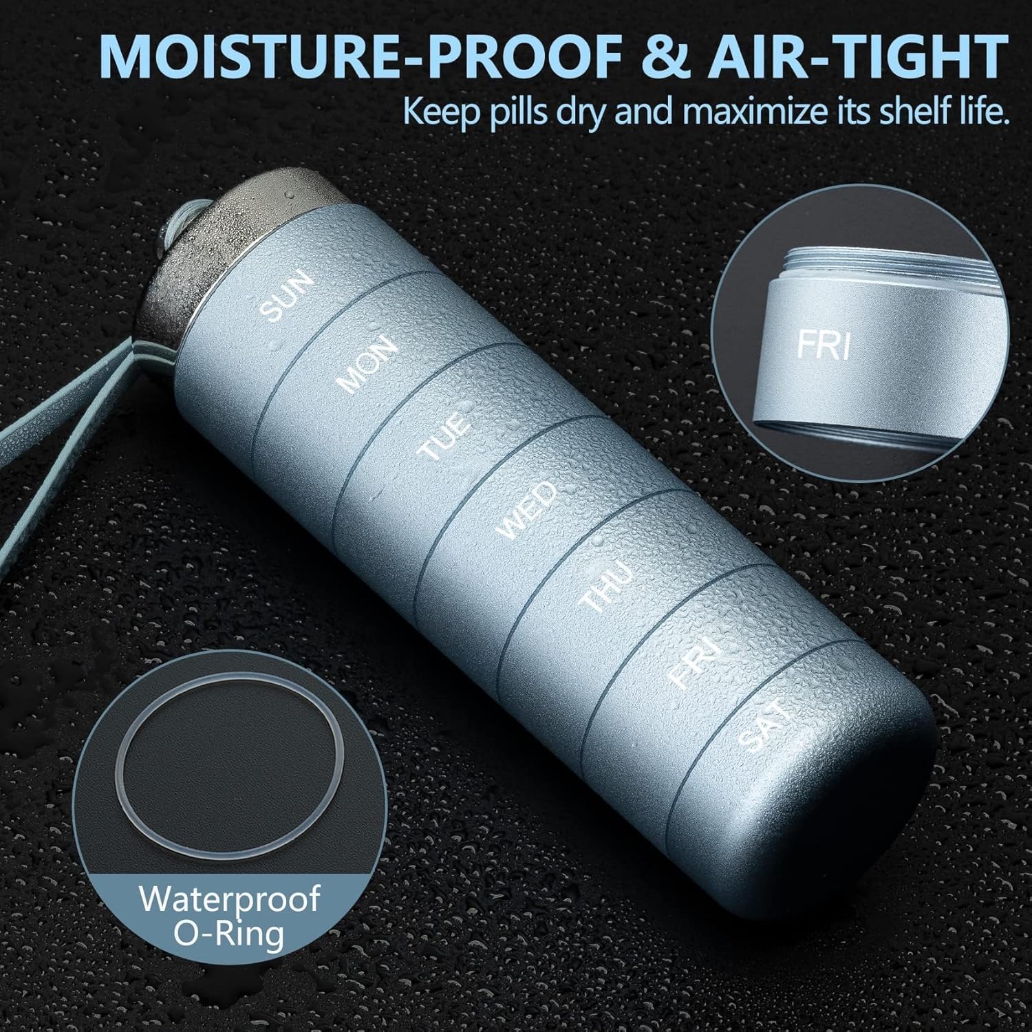 KOWVOWZ Metal Travel Pill Organizer, Weekly Waterproof Metal Pill Case, Portable 7 Day Vitamin Organizer Stackable for Hiking Camping Vitamin Fish Oil Supplement