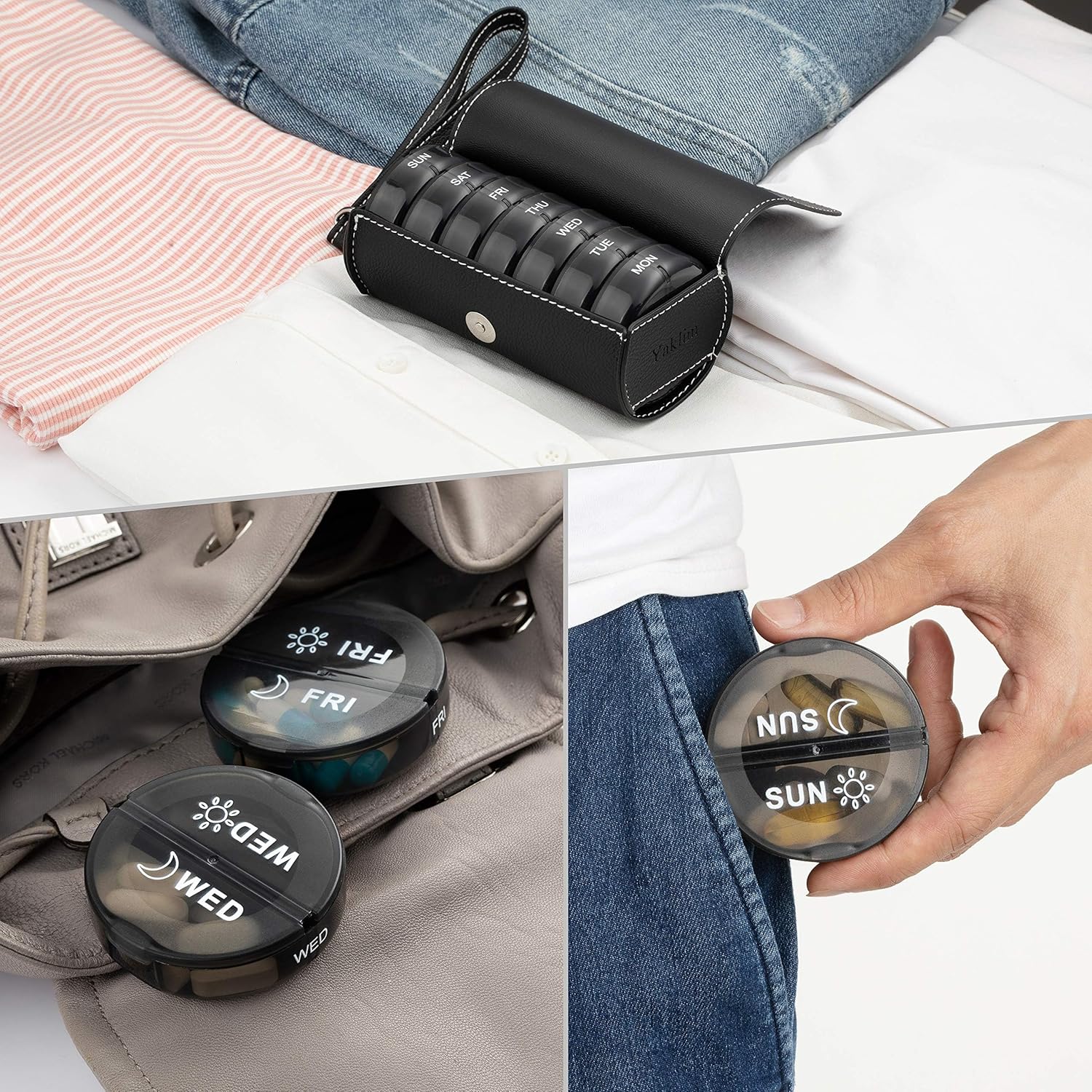 Yaklim Weekly Pill Organizer 2 Times a Day,AM PM Large Daily Pill Box with PU Leather Case for Travel,Round Medicine Organizer,7 Day Pill Container for Vitamin Fish Oils Supplement-Black