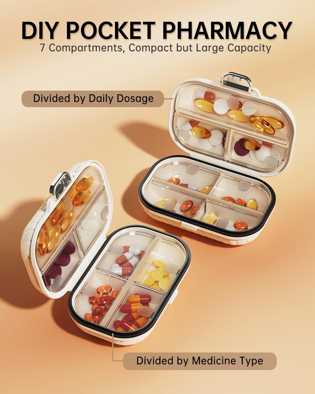Weekly Daily Travel Pill Organizer, Small Pill Box 7 day Pocket Pharmacy, Portable Pill Case for Pocket Purse, Travel Size Pill Container Holder, Medicine Organizer Box for Vitamins, Fish Oil (1 Pack)