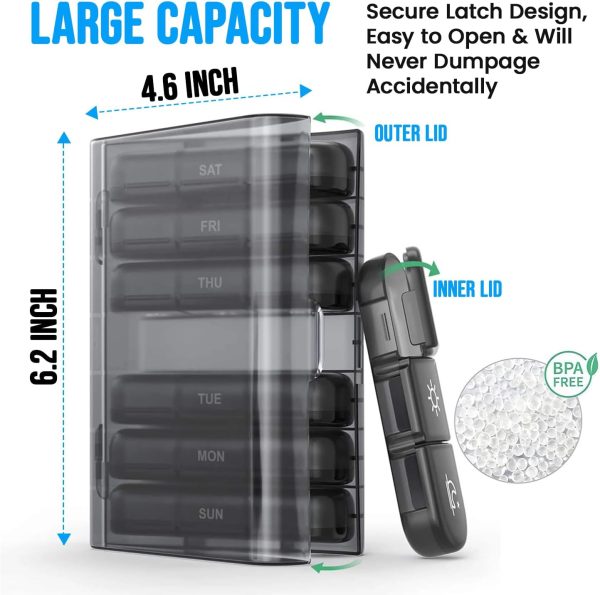 Portable Medicine Organizer 3 Times a Day for 1 Week (Black) – Travel Friendly Pill Box with Large Compartments - Light Proof Pill Organizer for Vitamins, Fish Oils, Medication and Supplements