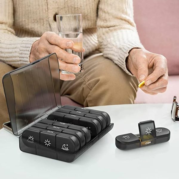 Portable Medicine Organizer 3 Times a Day for 1 Week (Black) – Travel Friendly Pill Box with Large Compartments - Light Proof Pill Organizer for Vitamins, Fish Oils, Medication and Supplements