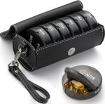 Yaklim Weekly Pill Organizer 2 Times a Day,AM PM Large Daily Pill Box with PU Leather Case for Travel,Round Medicine Organizer,7 Day Pill Container for Vitamin Fish Oils Supplement-Black
