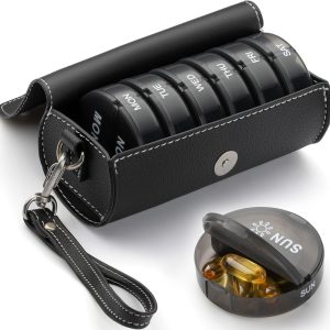 Yaklim Weekly Pill Organizer 2 Times a Day,AM PM Large Daily Pill Box with PU Leather Case for Travel,Round Medicine Organizer,7 Day Pill Container for Vitamin Fish Oils Supplement-Black